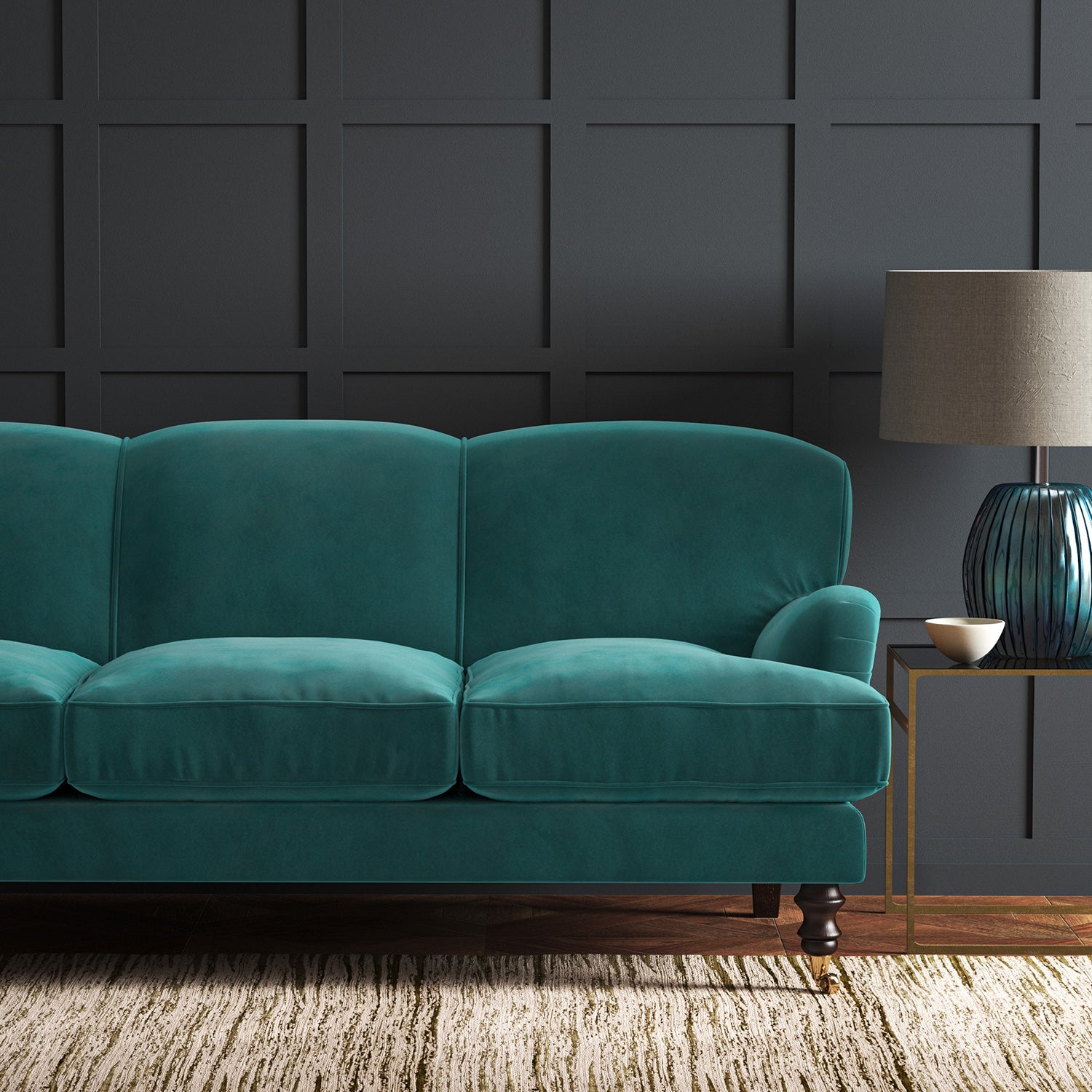 Blue eco velvet upholstery fabric on a sofa