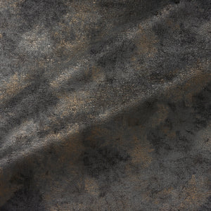 Fabric swatch of a luxurious grey velvet upholstery fabric with a metallic foil design 