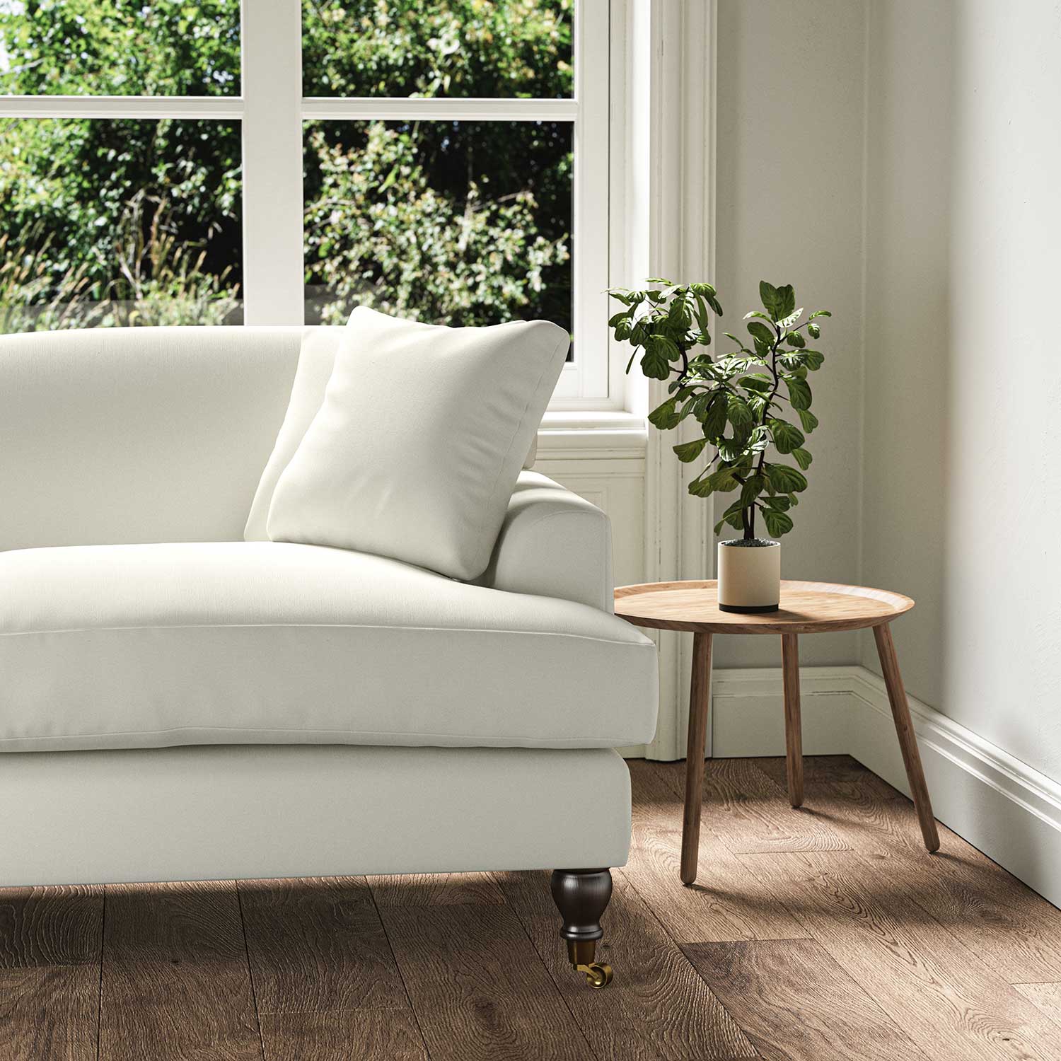 A white, stain resistant woven fabric on an armchair.