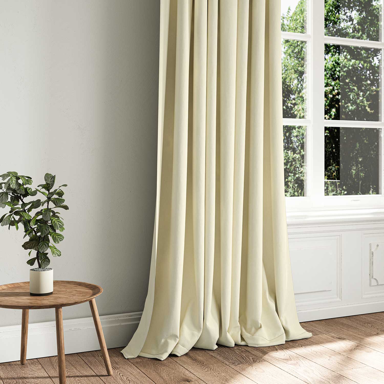 A cream woven fabric shown as a curtain.
