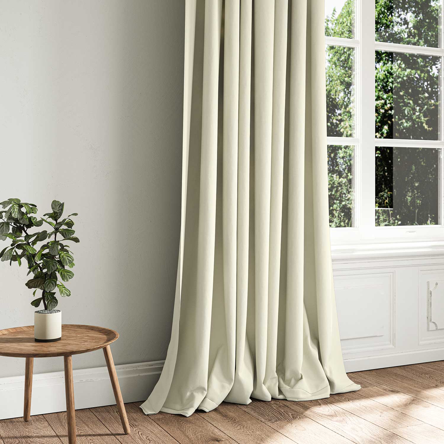 A cream woven fabric shown as a curtain.