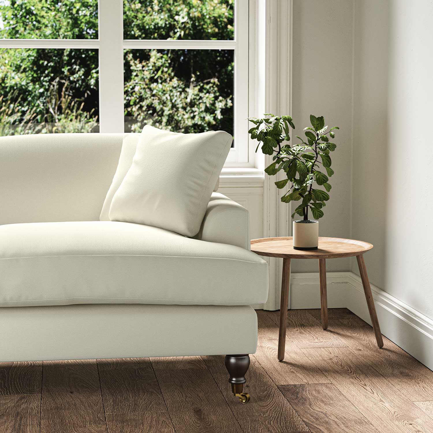 A cream, stain resistant woven fabric on an armchair.