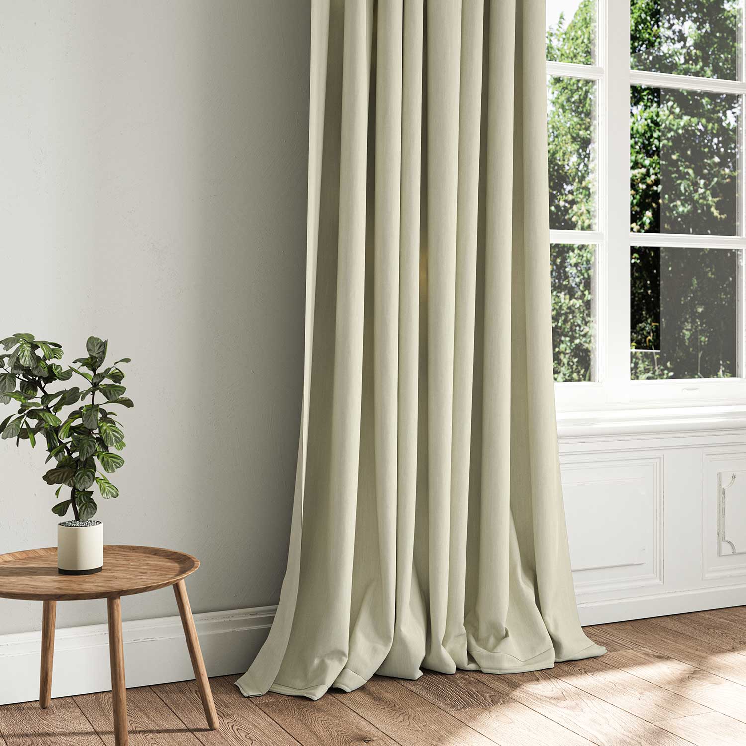 A cream woven fabric shown as a curtain.