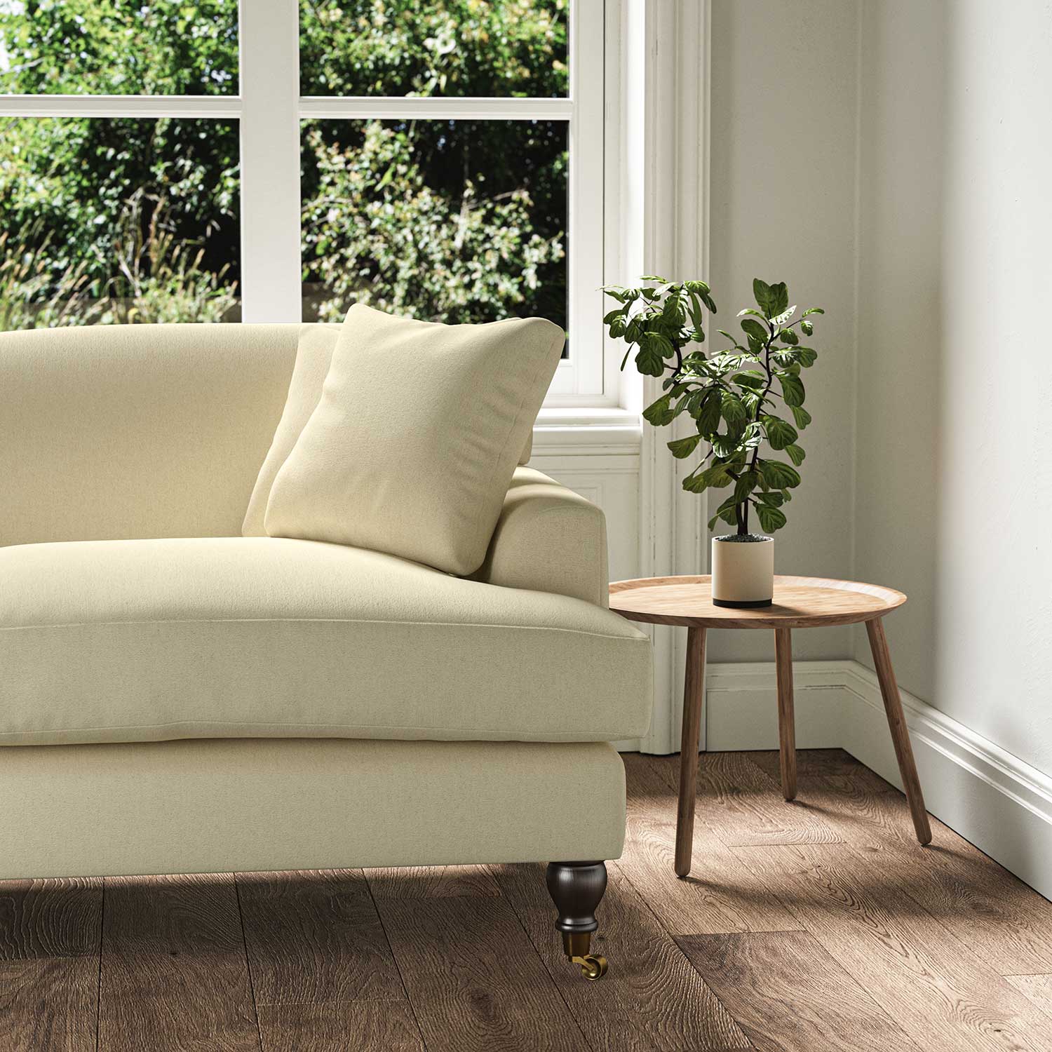 A beige, stain resistant woven fabric on an armchair.