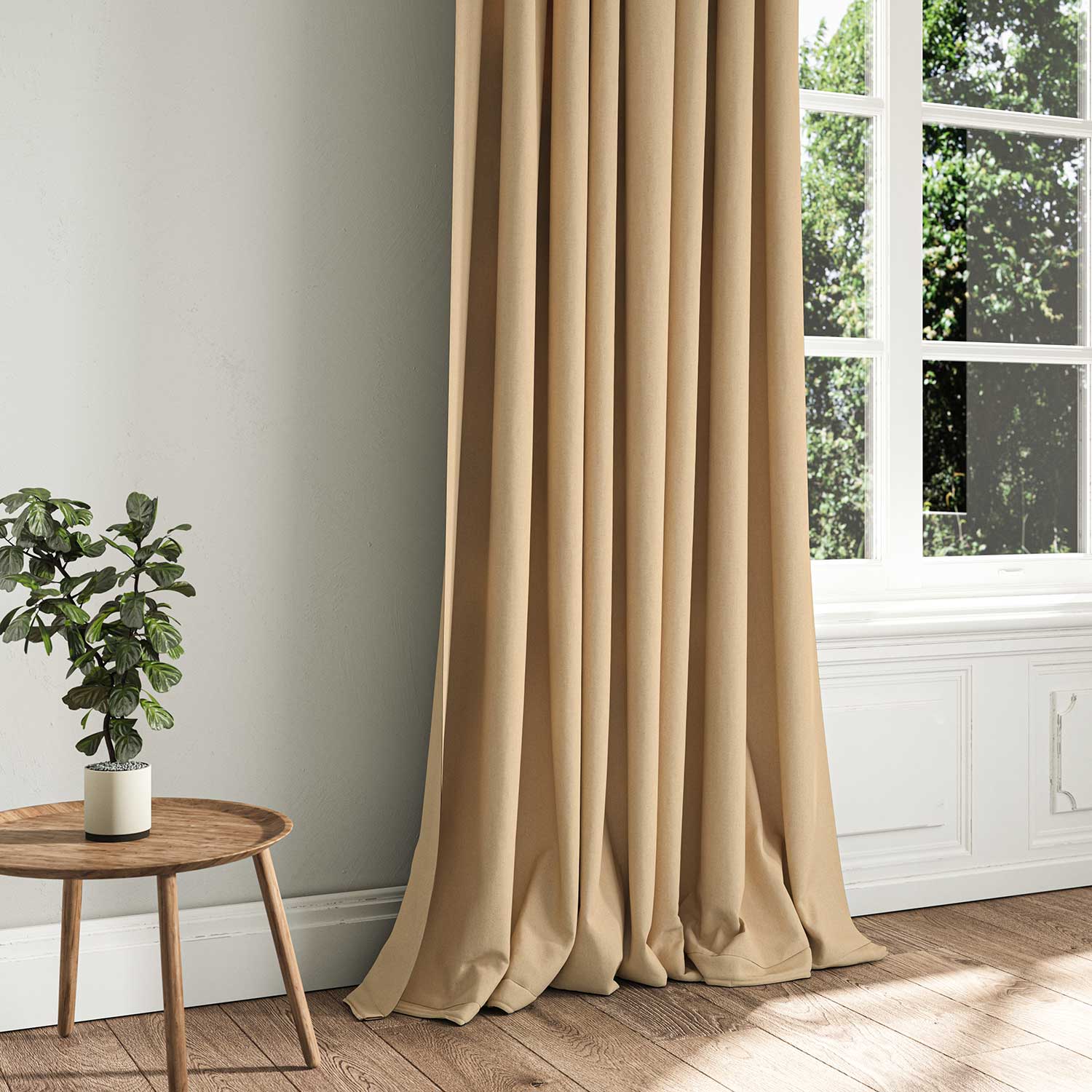 A beige woven fabric shown as a curtain.