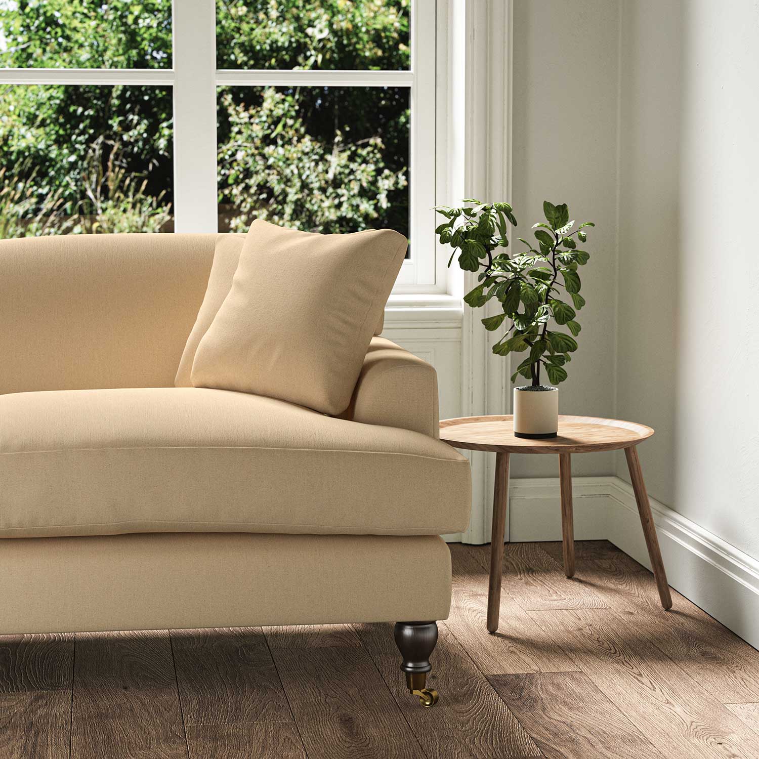 A beige stain resistant woven fabric on an armchair.