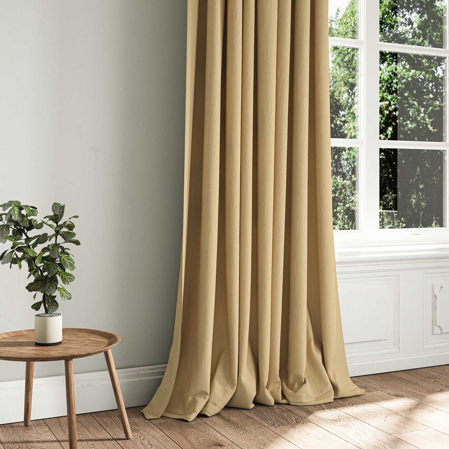 A yellow woven fabric shown as a curtain.