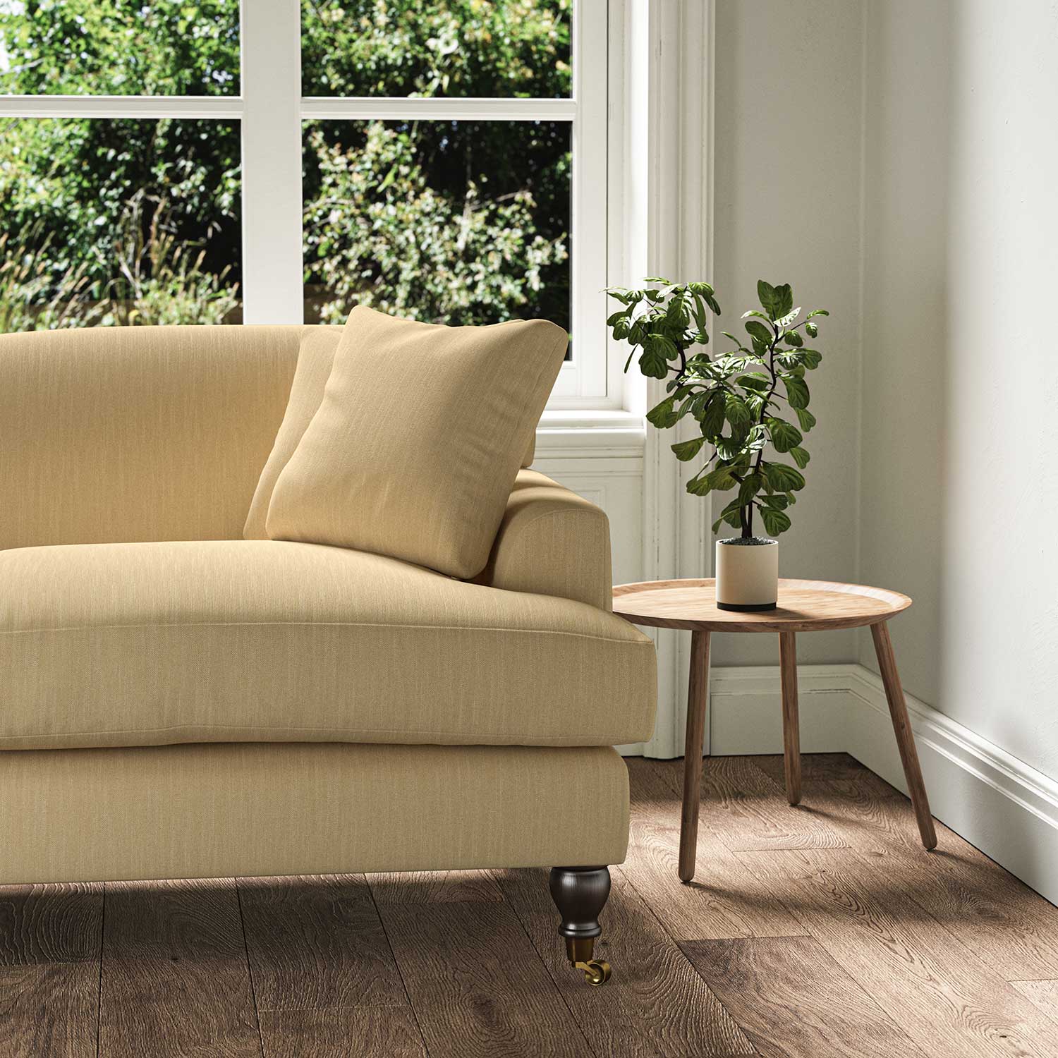 A yellow stain resistant woven fabric on an armchair.