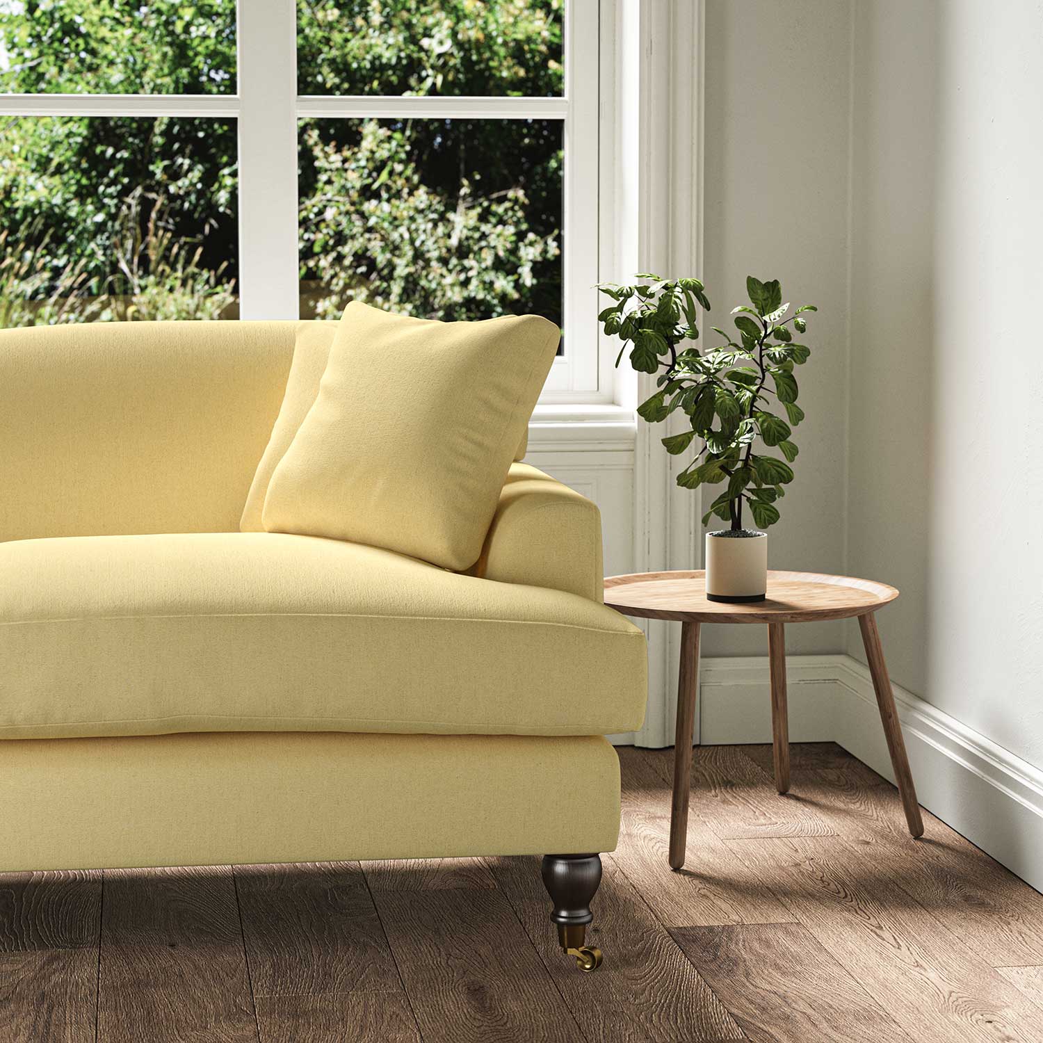 A yellow stain resistant woven fabric on an armchair.