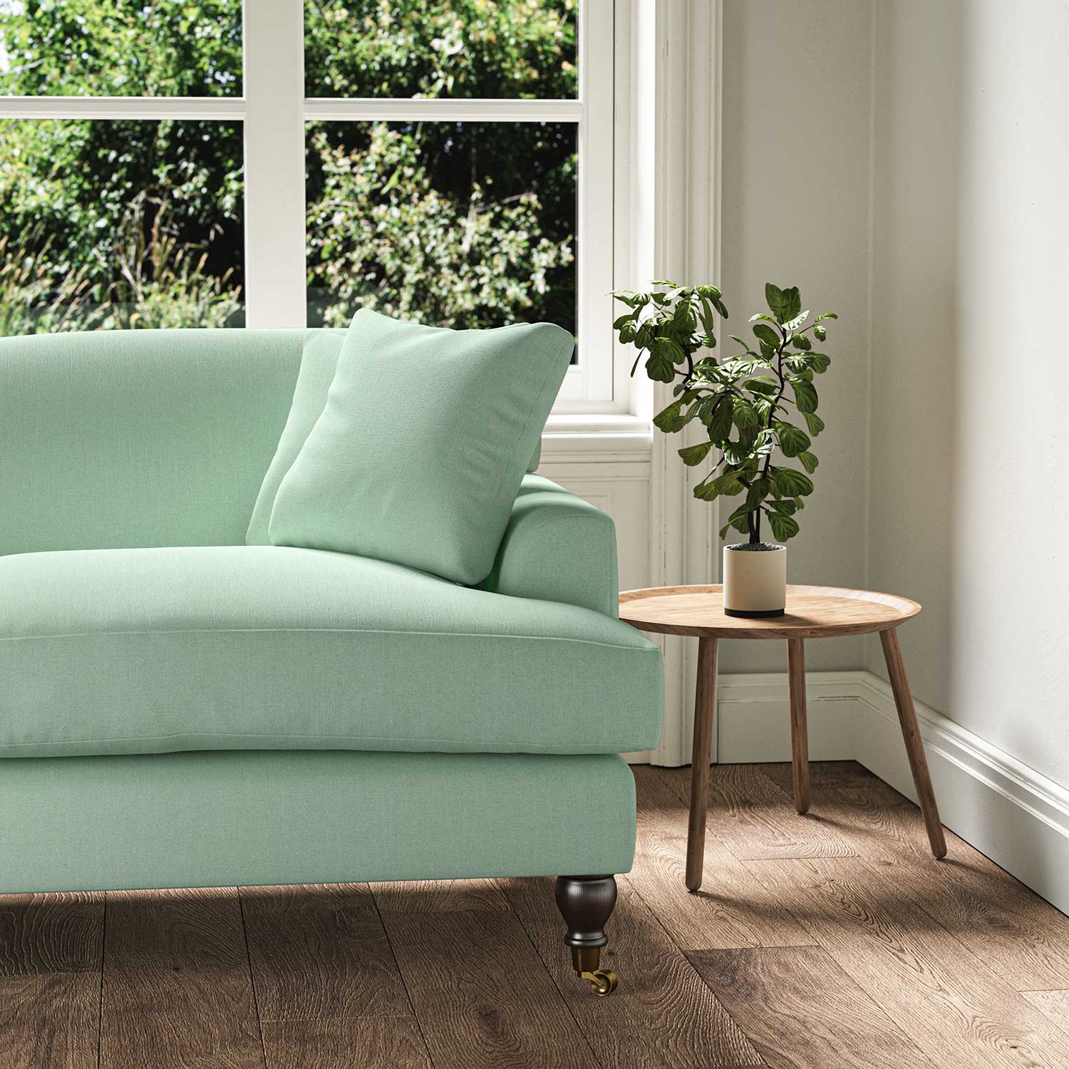A green stain resistant woven fabric on an armchair.