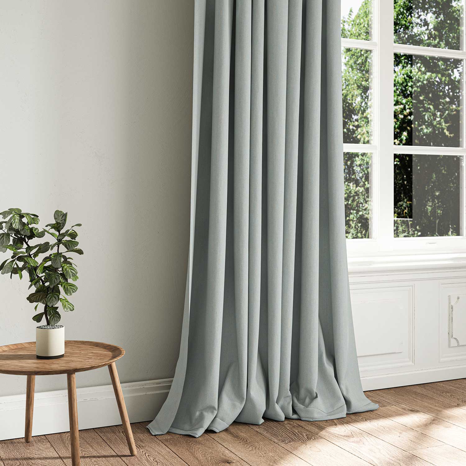 A blue woven fabric shown as a curtain.