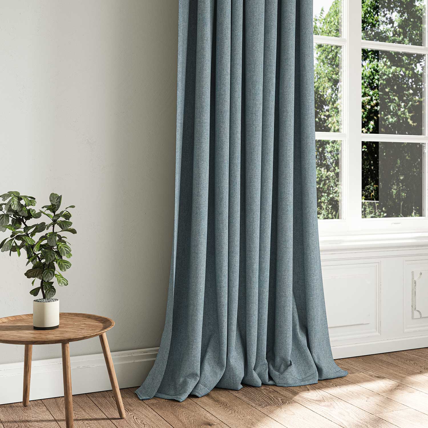 A blue woven fabric shown as a curtain.