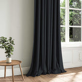 A navy woven fabric shown as a curtain.