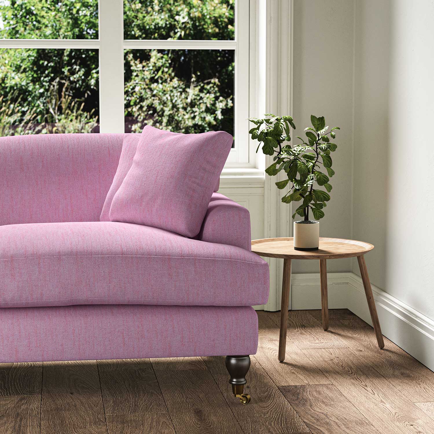 A purple, stain resistant woven fabric on an armchair.