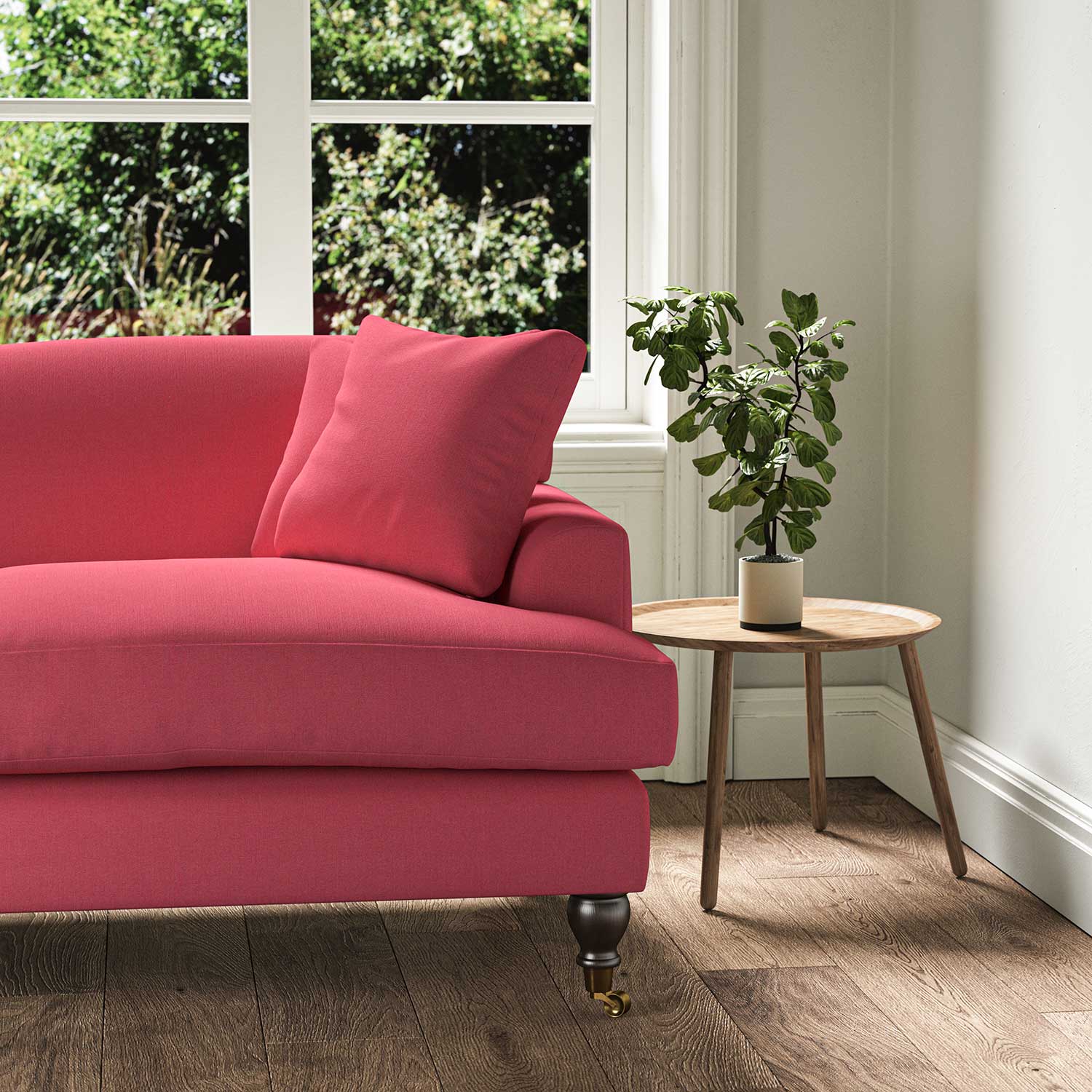 A pink stain resistant woven fabric on an armchair.
