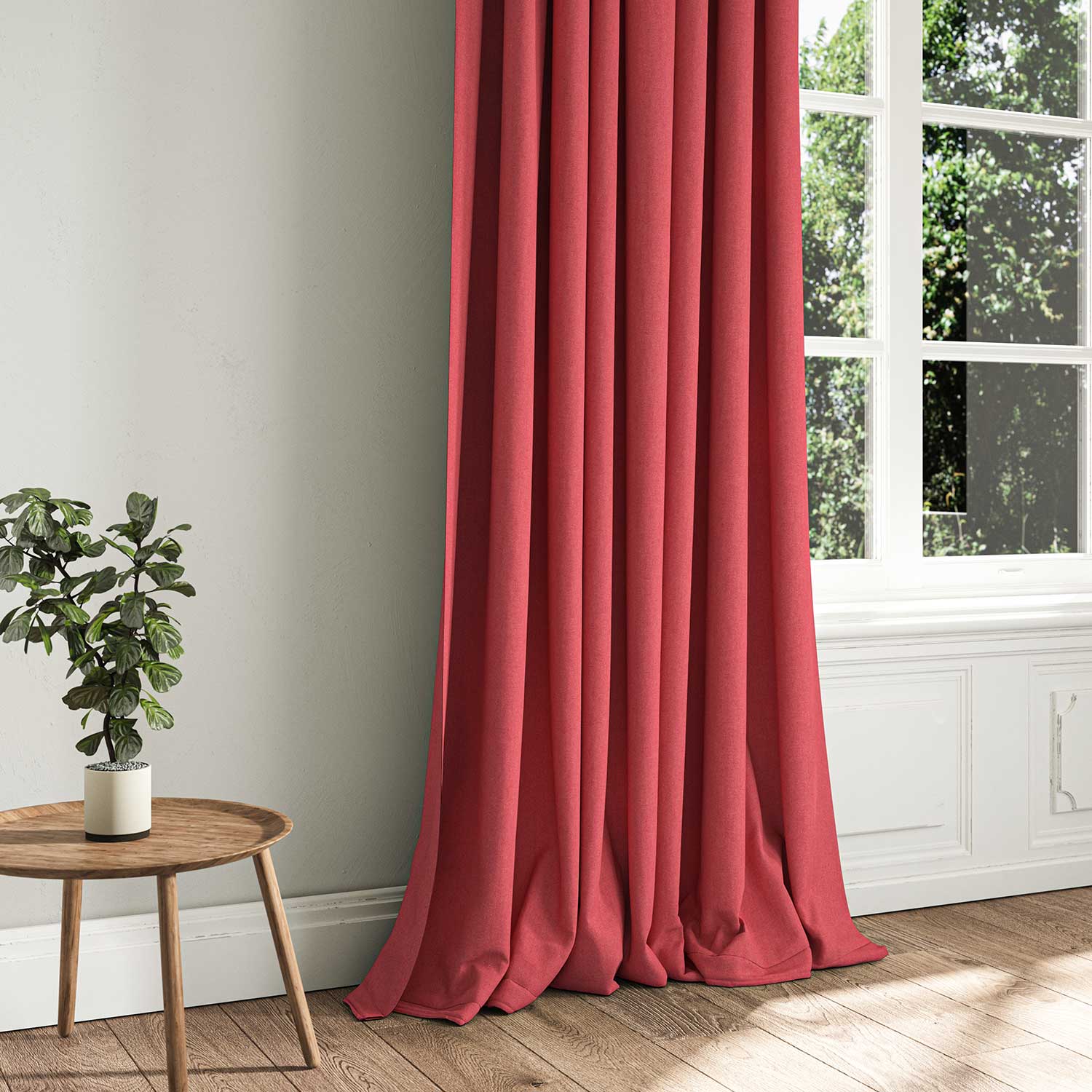 A red woven fabric shown as a curtain.