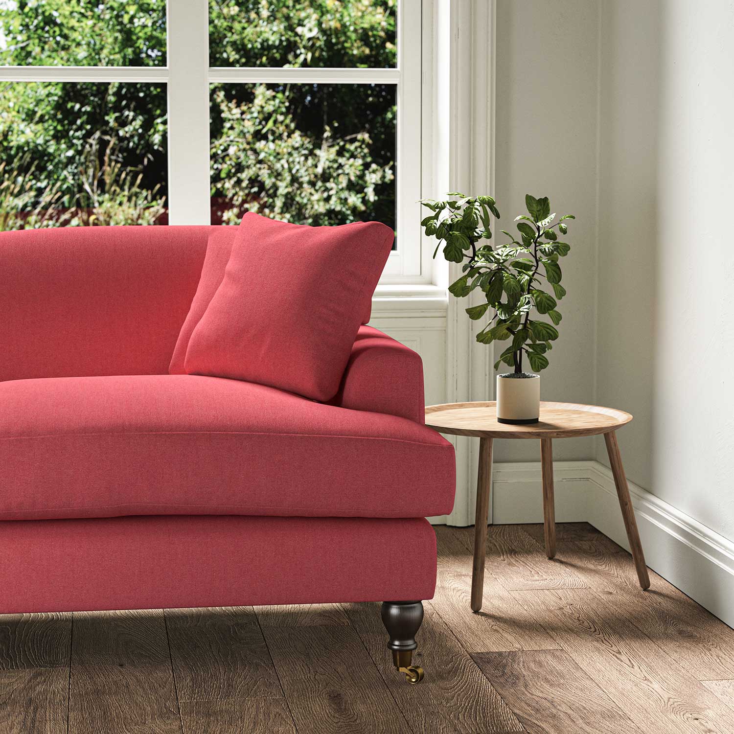 A red stain resistant woven fabric on an armchair.