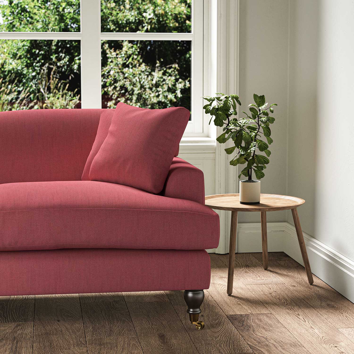 A red stain resistant woven fabric on an armchair.