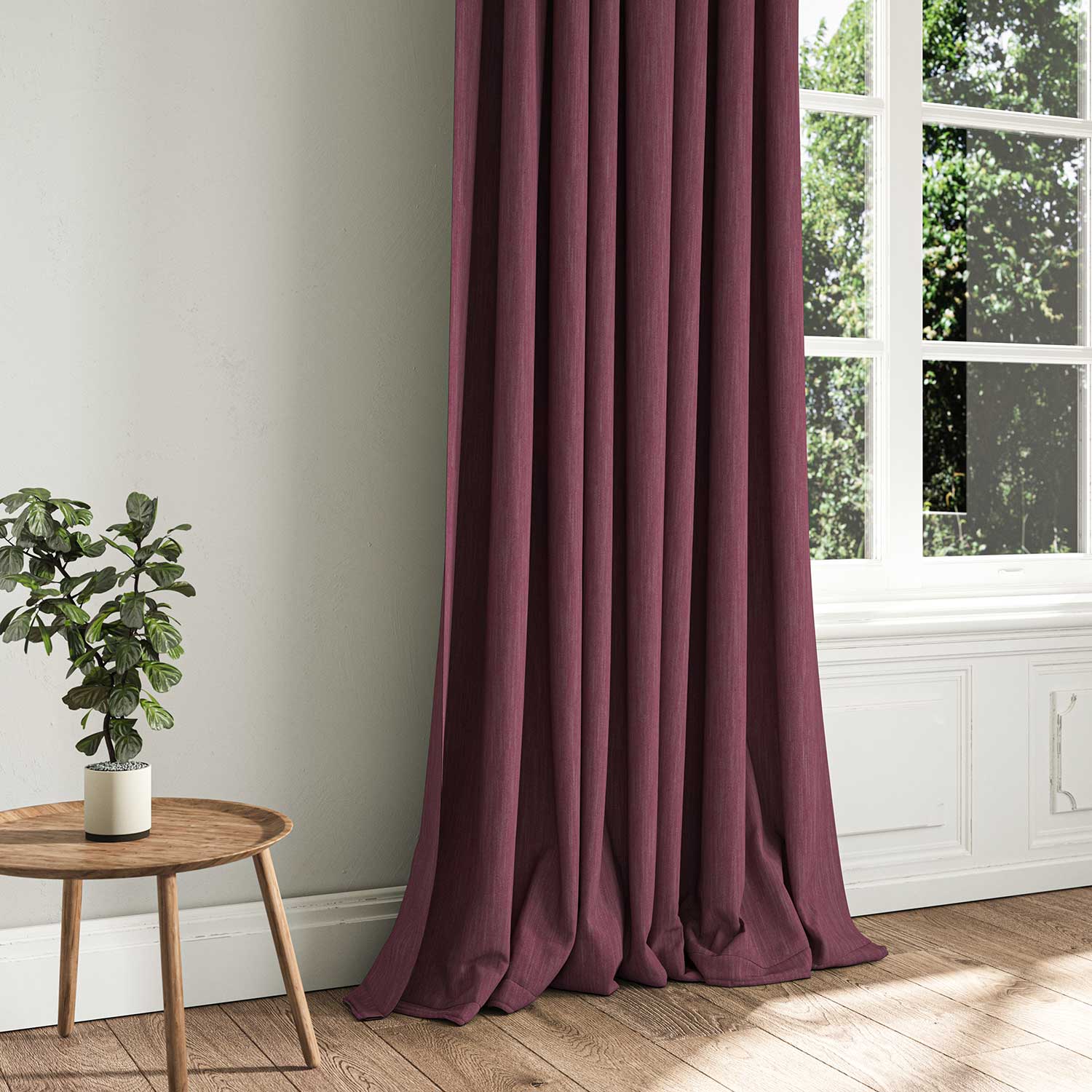 A purple woven fabric shown as a curtain.