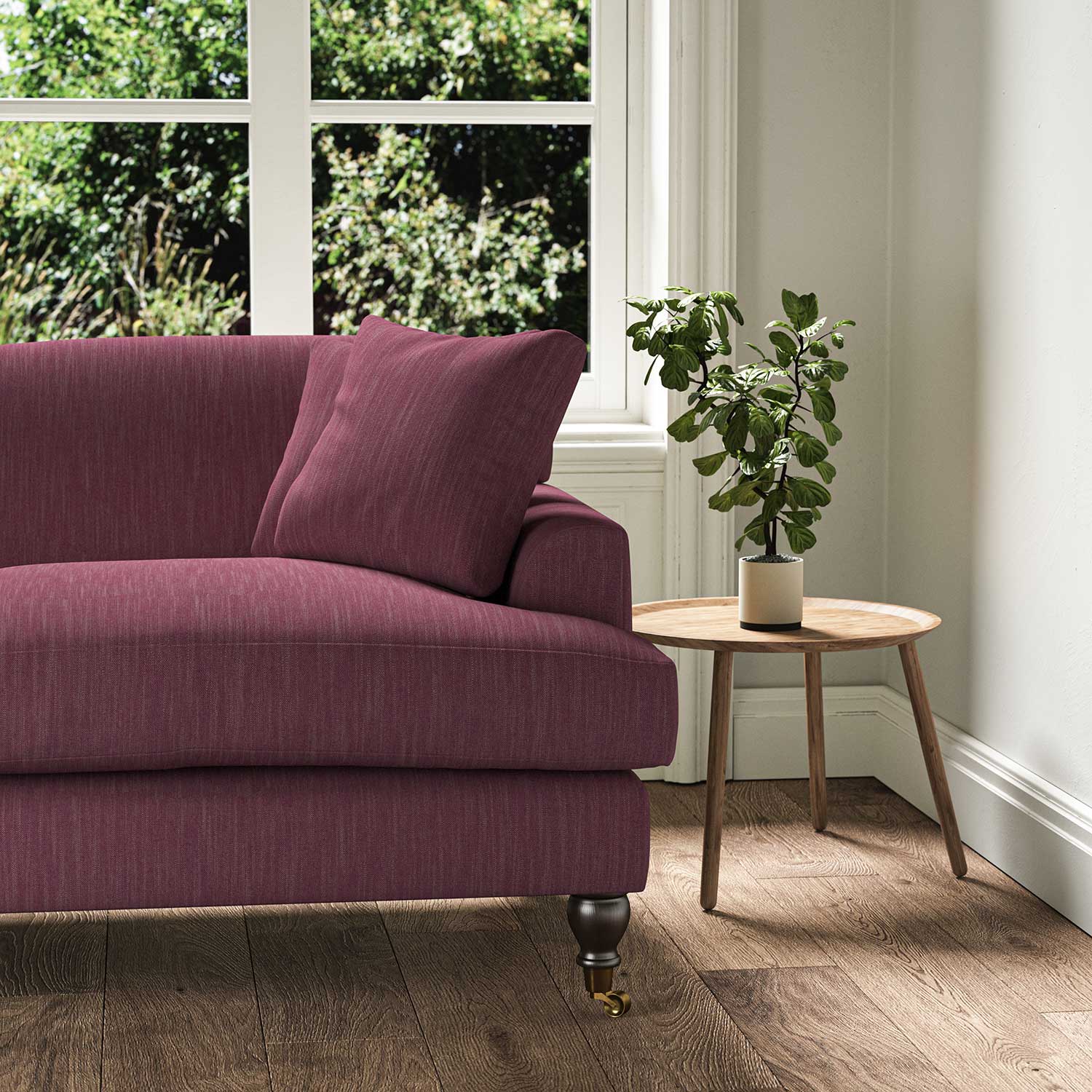 A purple stain resistant woven fabric on an armchair.