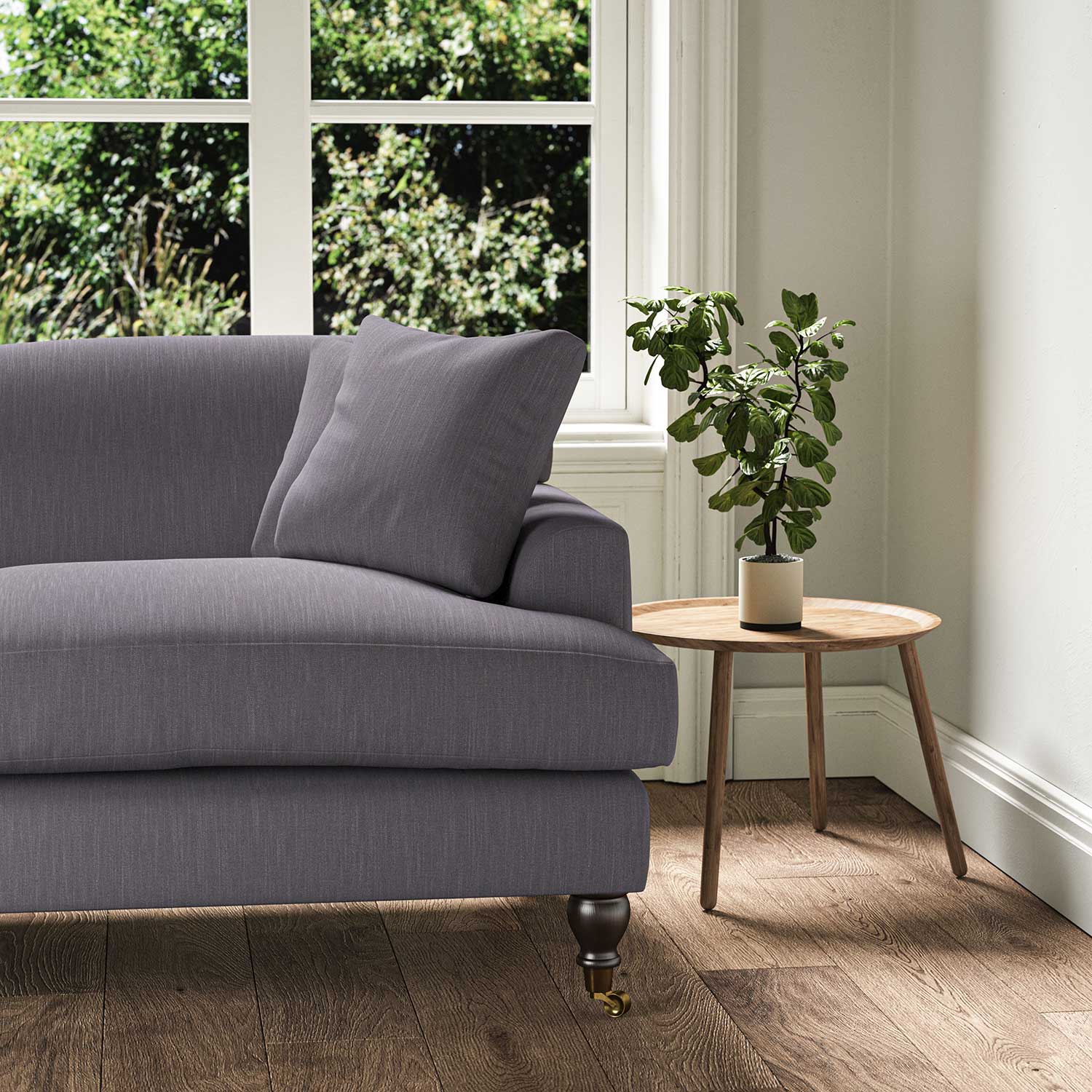 A purple stain resistant woven fabric on an armchair.