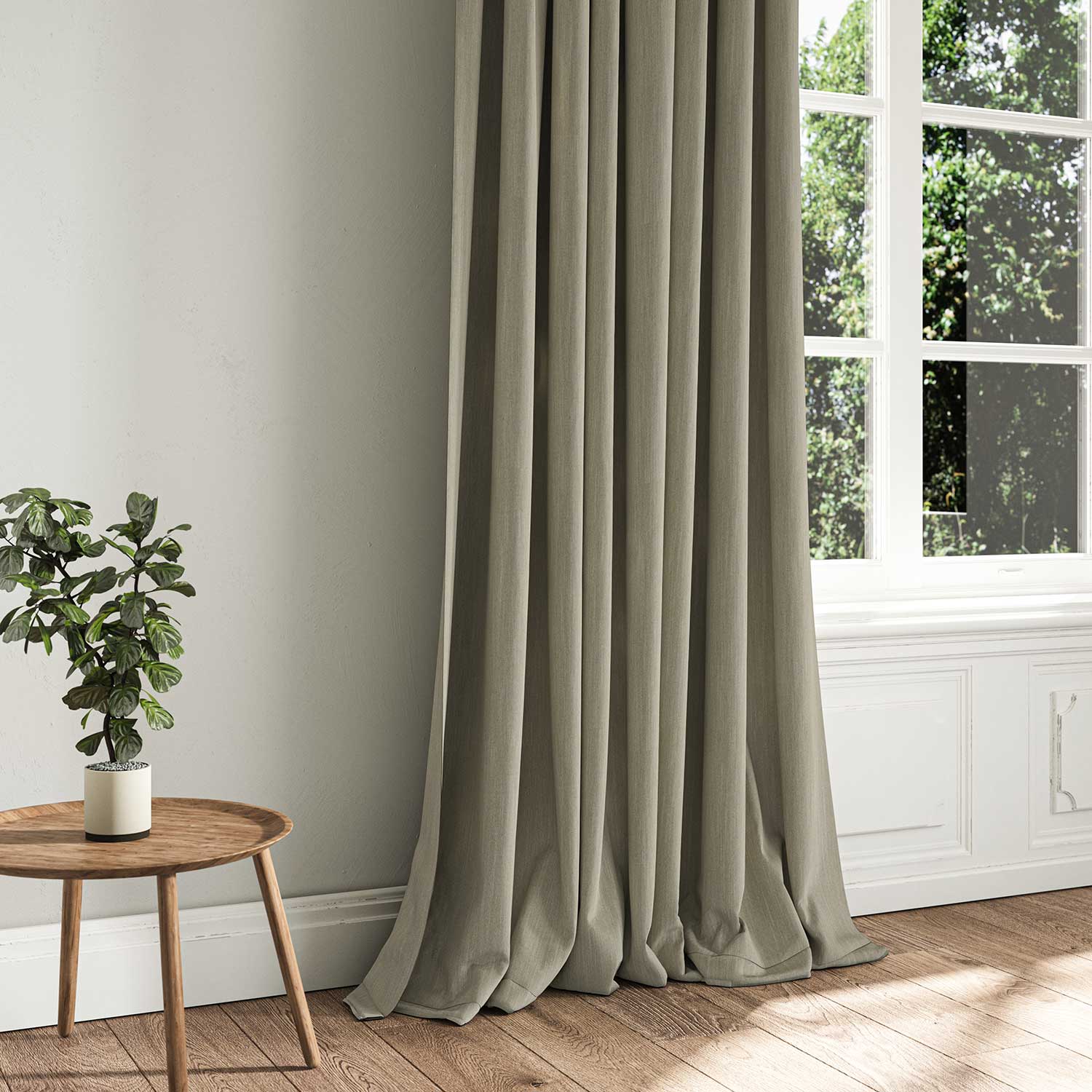 A grey woven fabric shown as a curtain.