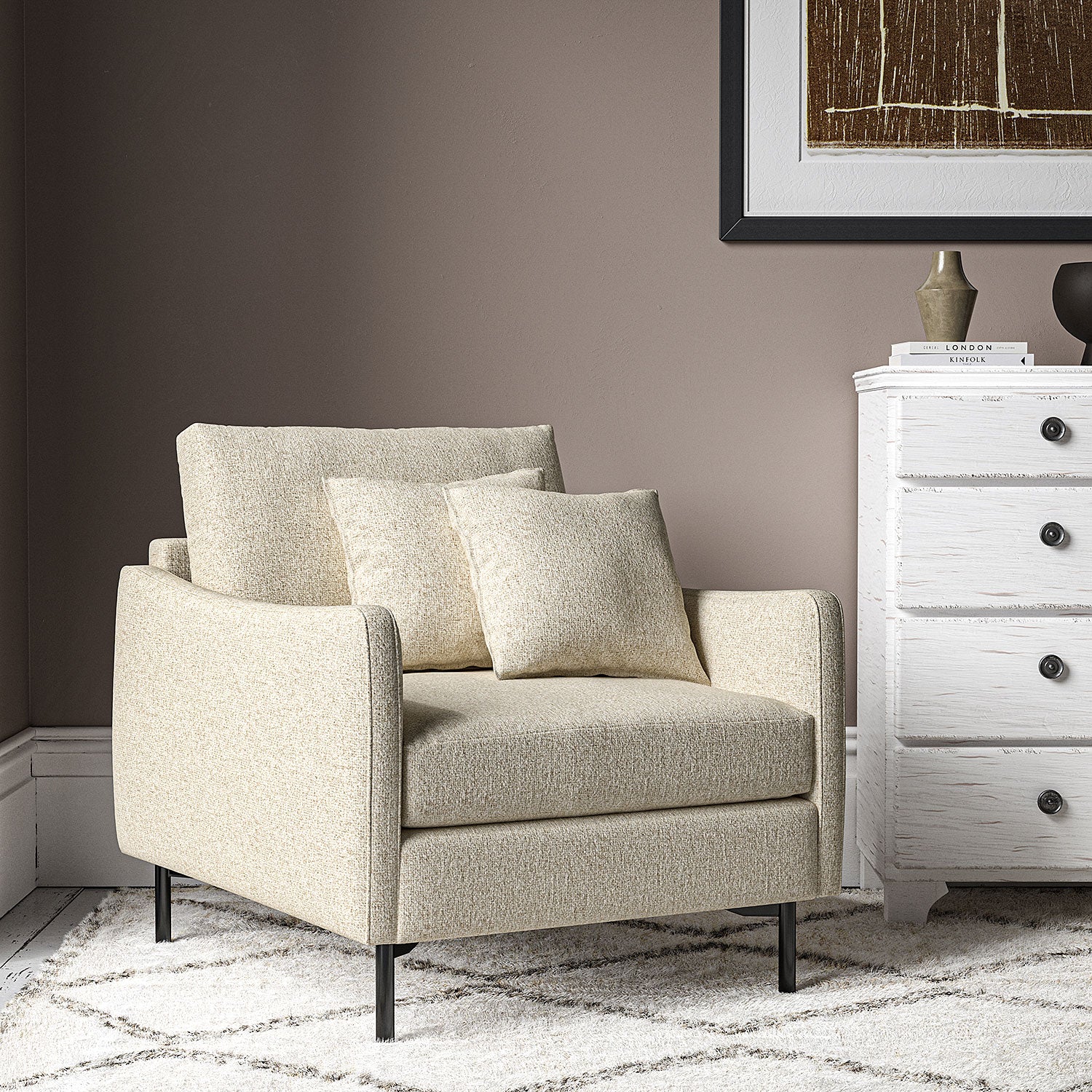 Chair covered in a boucle fabric in Buttermilk