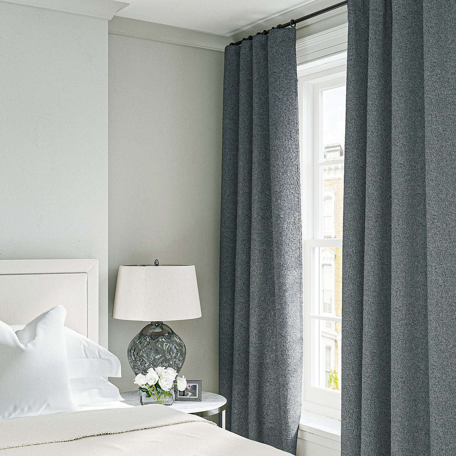 Curtain in a boucle fabric in Blue Stone