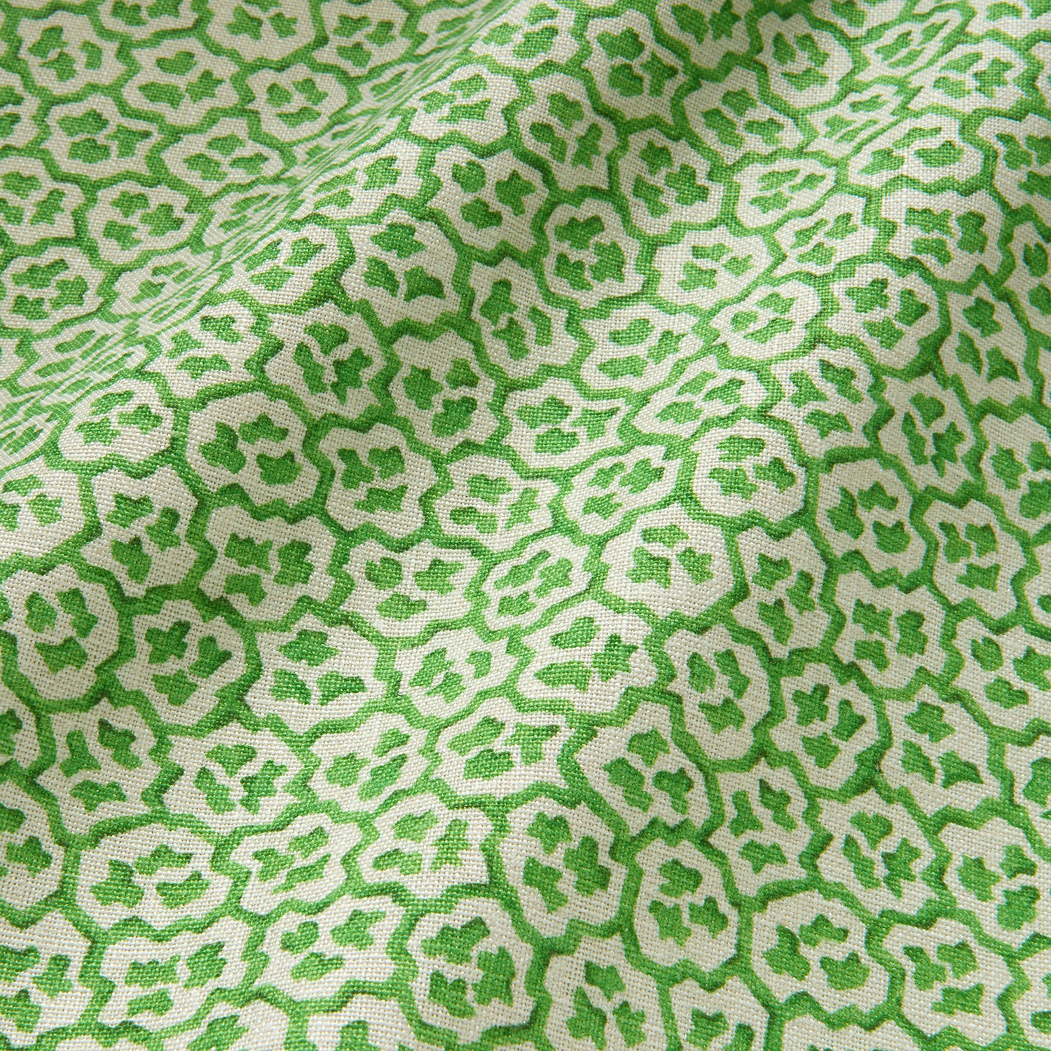 Printed linen fabric sample – a handy block print pattern in green and cream