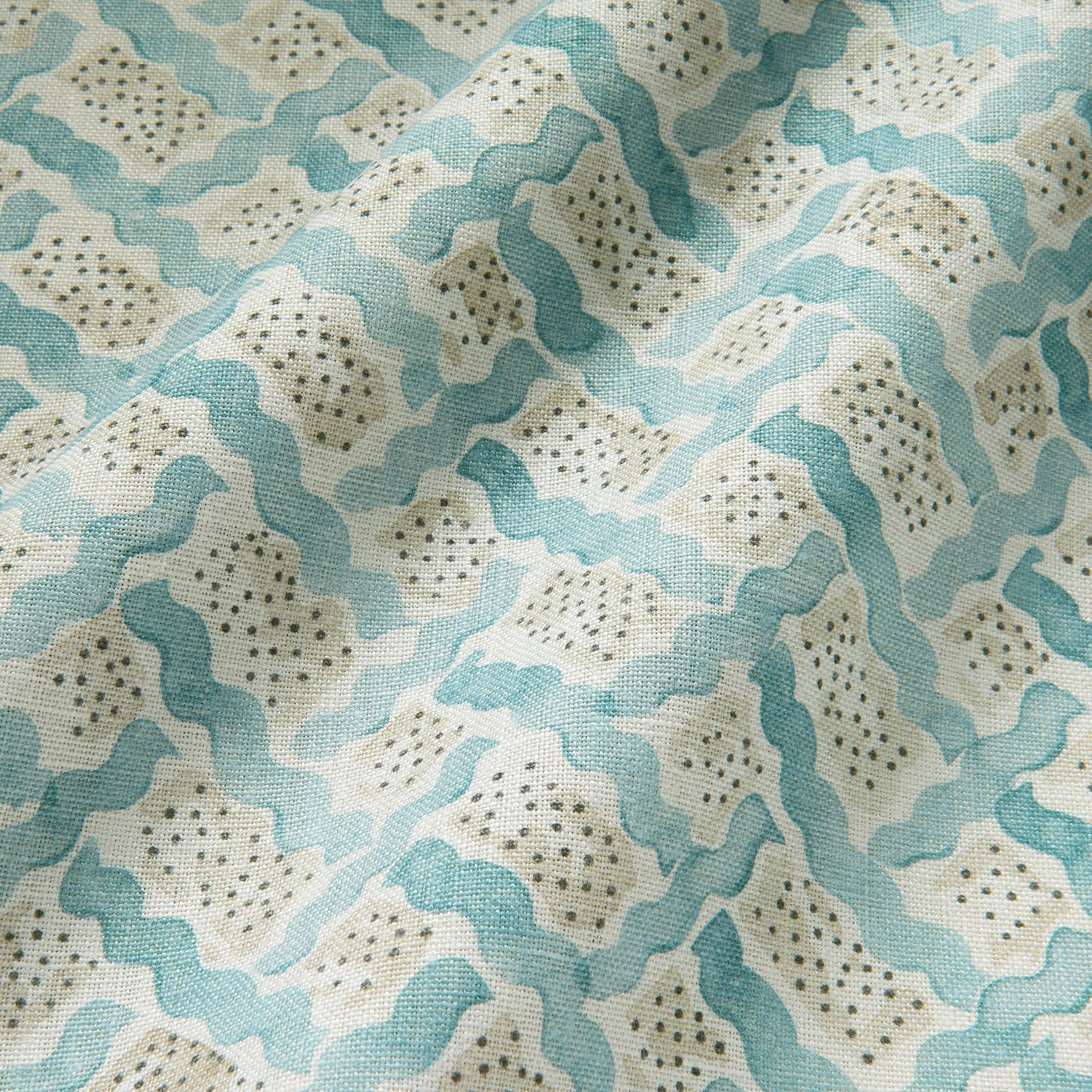 Printed linen fabric - a contemporary lattice design in blue, cream and white 