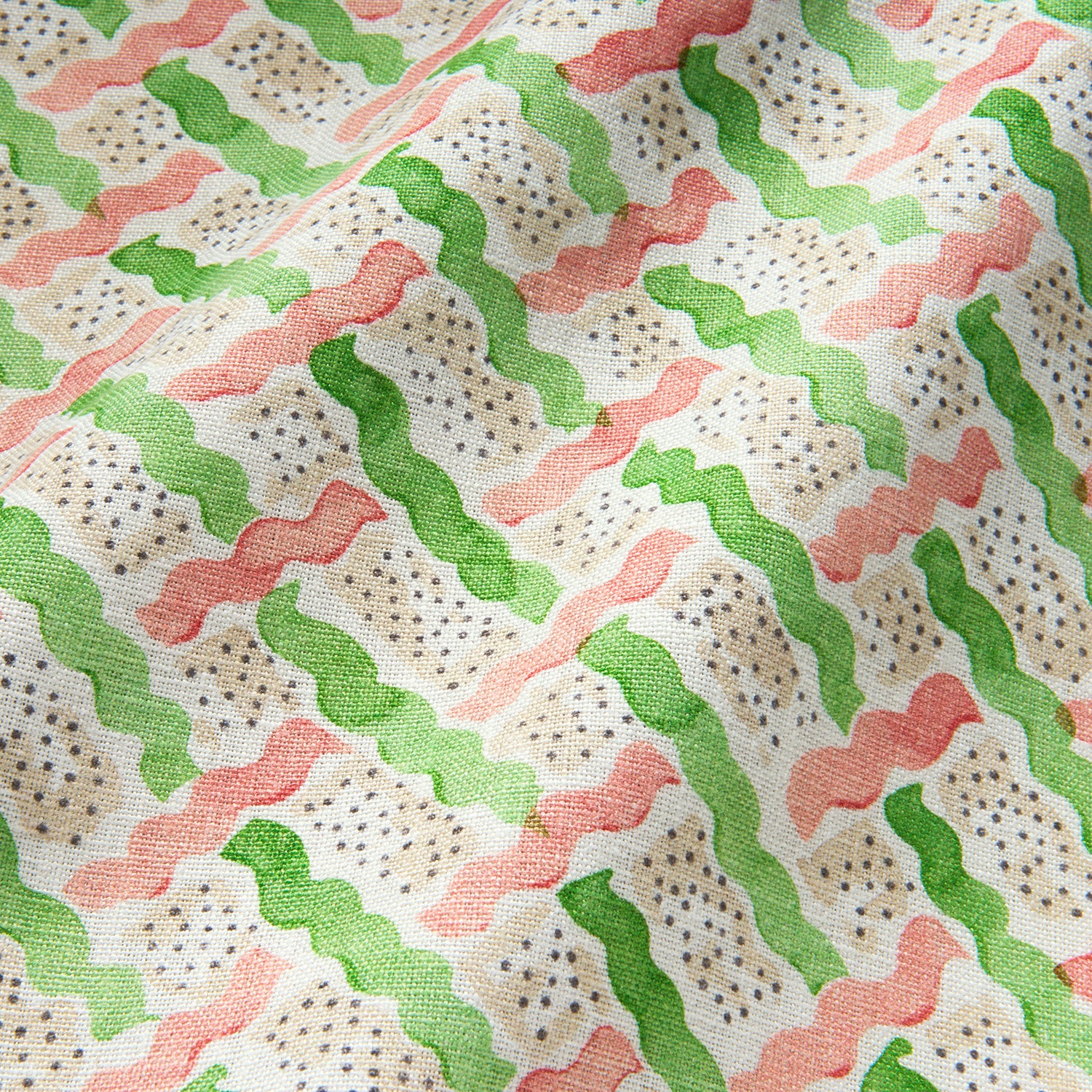 Printed linen fabric - a contemporary lattice design in green, pink, cream and white 
