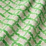 Printed linen fabric - a contemporary lattice design in green, cream and white 