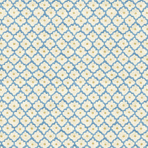 Printed linen fabric sample - a classic trellis design in blue, yellow, and cream.