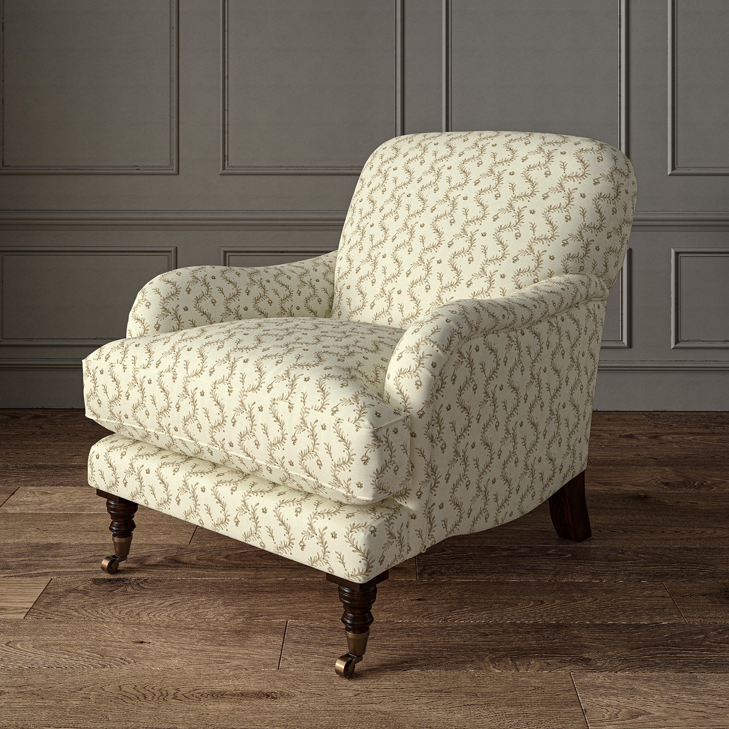 Printed linen fabric - a charming marine-style pattern in brown and cream – on an armchair