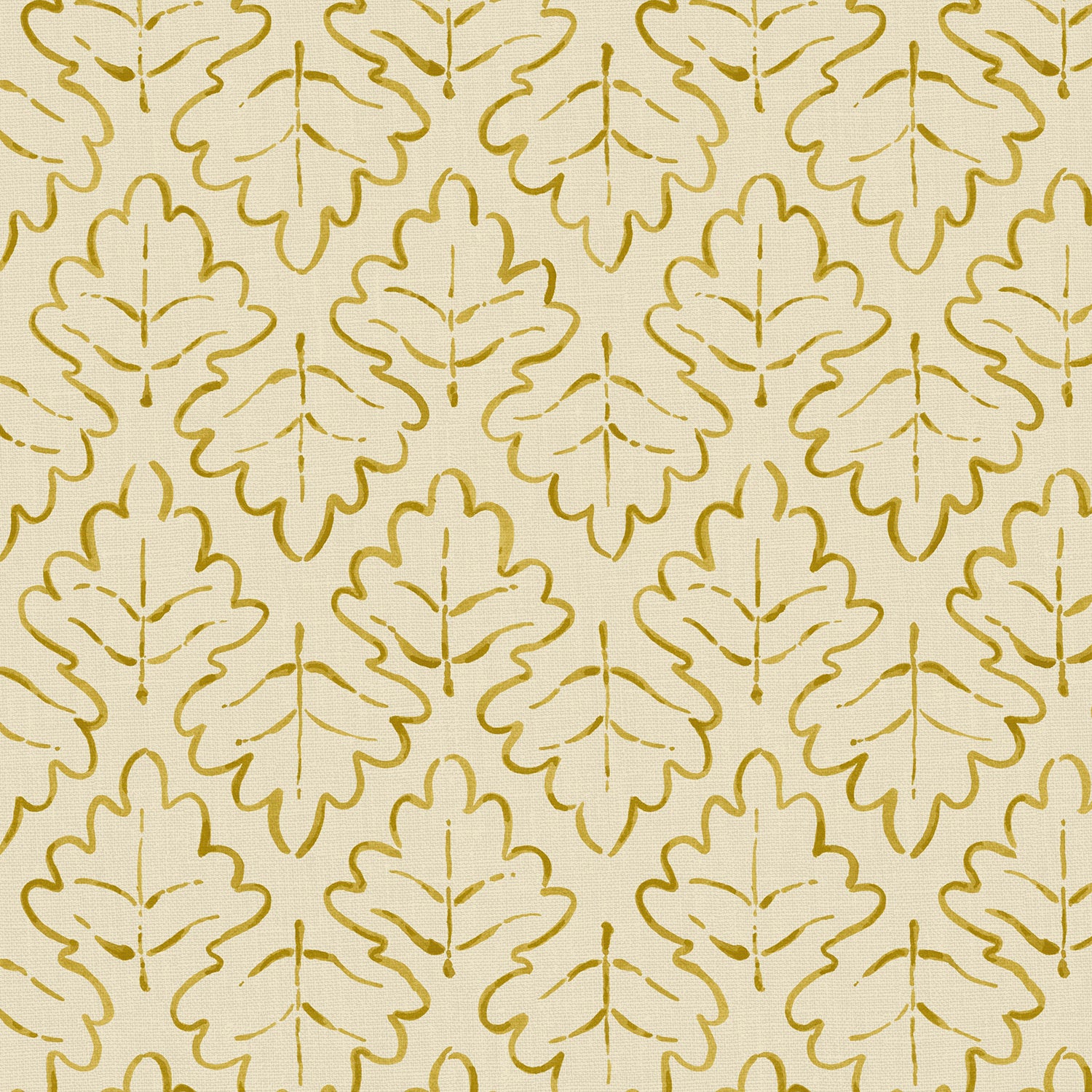 Printed linen fabric sample – a hand drawn; mirrored leaf motif pattern in yellow and cream