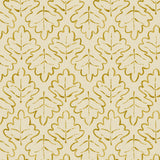 Printed linen fabric sample – a hand drawn; mirrored leaf motif pattern in yellow and cream