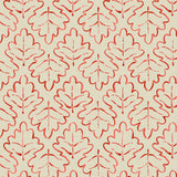 Printed linen fabric sample – a hand drawn; mirrored leaf motif pattern in red and cream