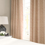 Linen curtains with a hand drawn; mirrored leaf motif pattern in red and cream