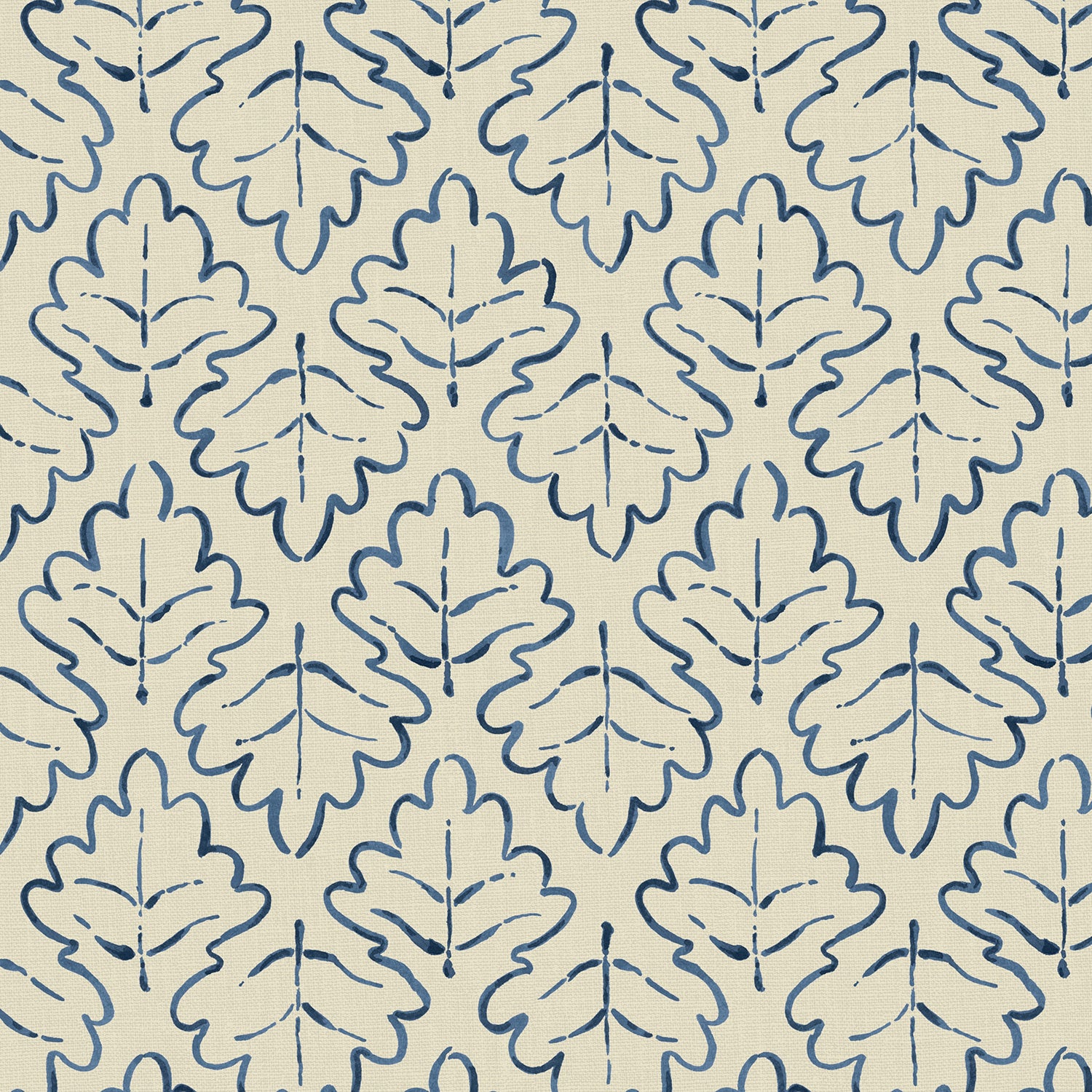 Printed linen fabric sample – a hand drawn; mirrored leaf motif pattern in blue and cream