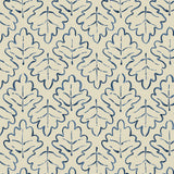 Printed linen fabric sample – a hand drawn; mirrored leaf motif pattern in blue and cream