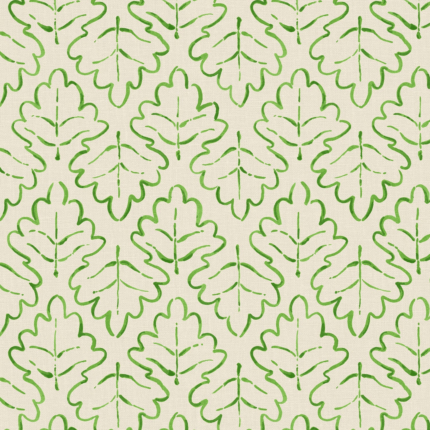 Printed linen fabric sample – a hand drawn; mirrored leaf motif pattern in green and cream