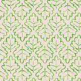Printed linen fabric sample – a hand drawn; mirrored leaf motif pattern in green and cream