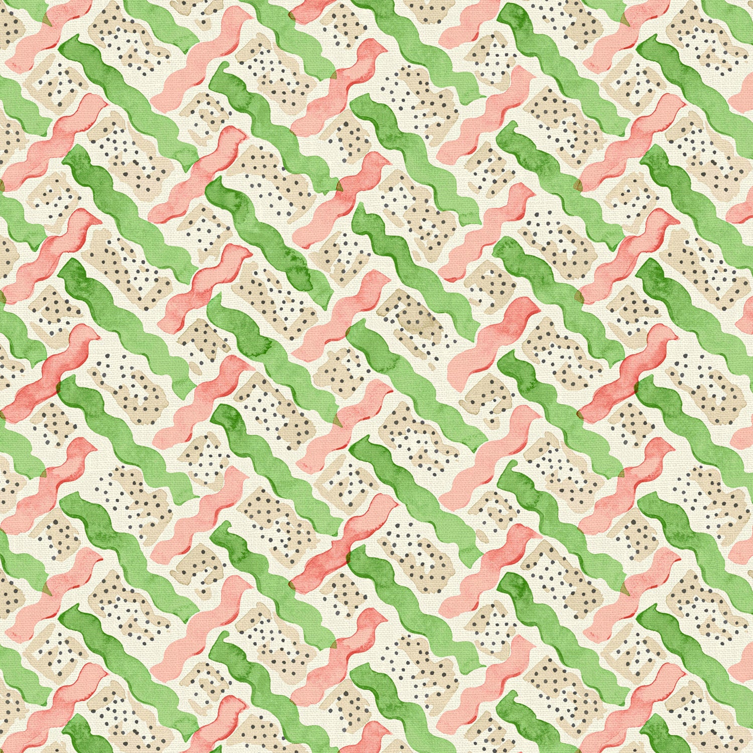Printed linen fabric - a contemporary lattice design in green, pink, cream and white 
