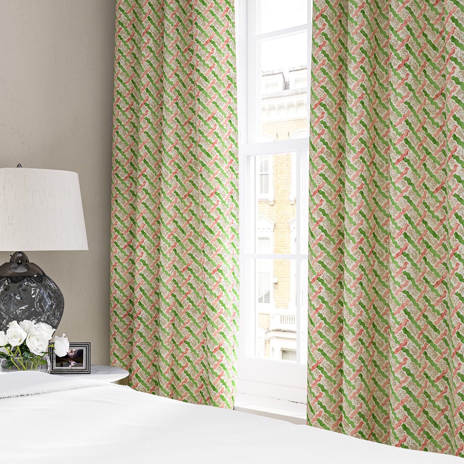 Linen curtains with a contemporary lattice design in green, pink, cream and white 