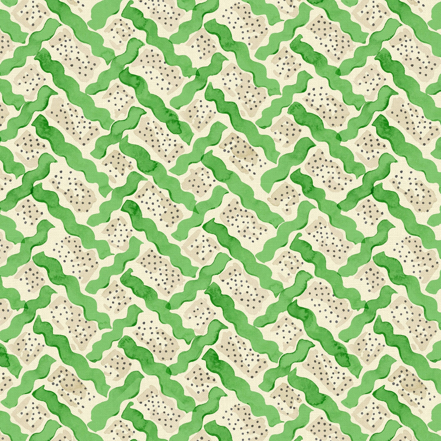 Printed linen fabric - a contemporary lattice design in green, cream and white 