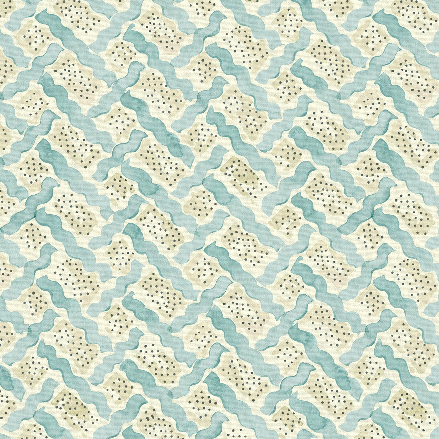 Printed linen fabric - a contemporary lattice design in blue, cream and white 