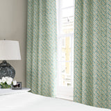Linen curtains with a contemporary lattice design in blue, cream and white 