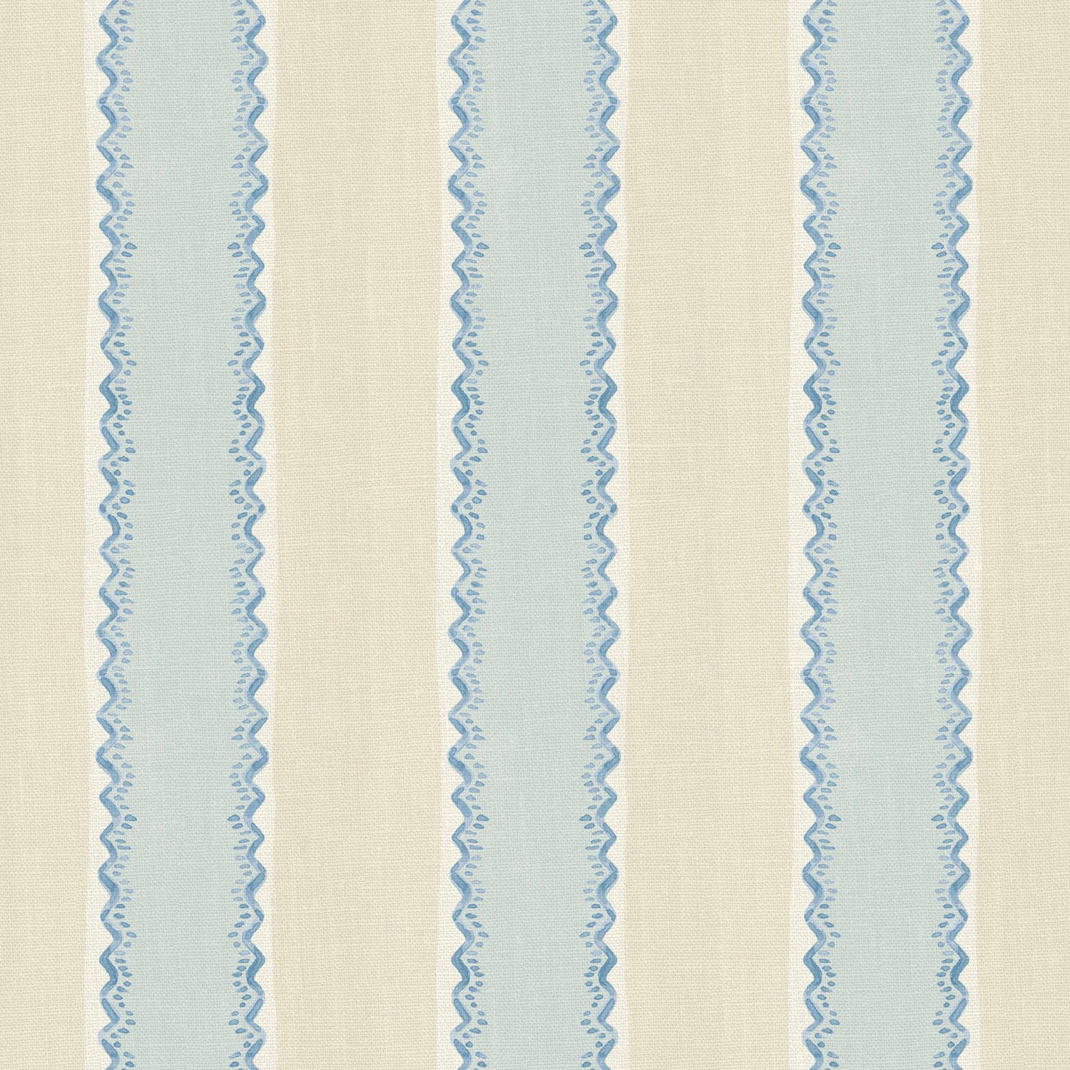 Printed linen fabric sample – a bold blocks of colour in this inviting stripe are softened with a painterly finish in blue, cream and white