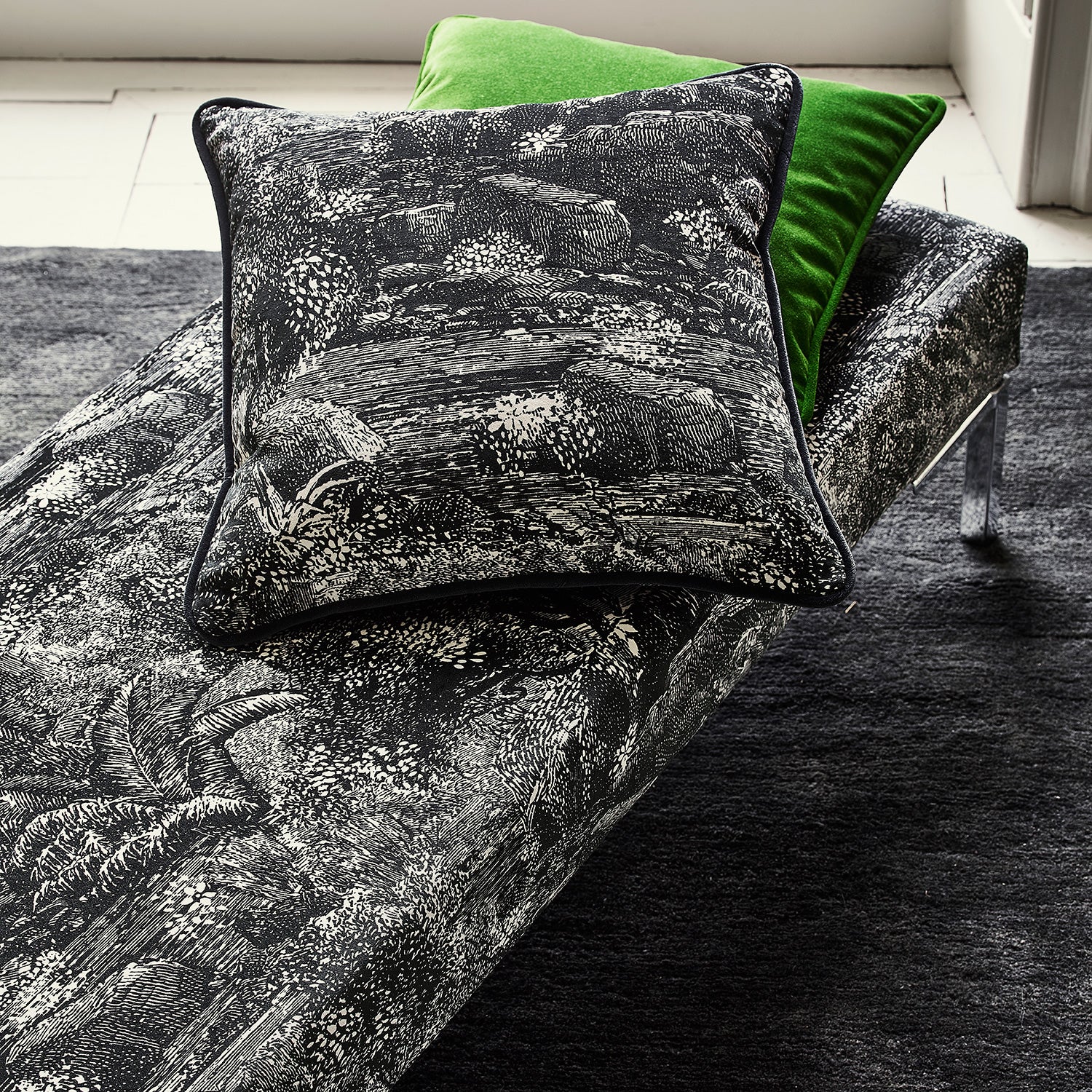 Velvet cushion and bench featuring a scenic/semi tropical design