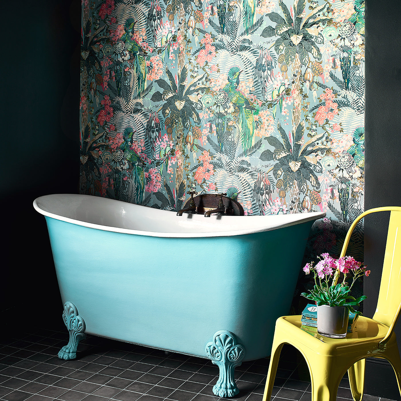 Tropical wallpaper in blue, shown in a bathroom.